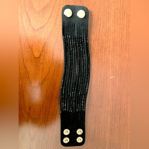 Black suede cuff style bracelet with sparkling black beaded strings adjustable - Picture 5 of 8
